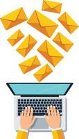 Hands typing on a laptop with floating yellow envelopes in a flat design style representing digital communication in art vector