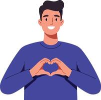 A cheerful young man making a heart shape with his hands in a minimal flat style illustration vector