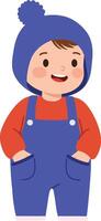 Cheerful young boy in blue overalls and hat smiling brightly, showcasing a flat and colorful design in this delightful art vector