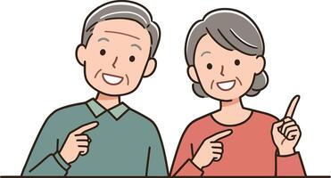 Two cheerful elderly people in casual clothing engaging in conversation with friendly gestures in a minimal flat art vector