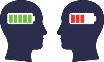Two human silhouettes facing each other with battery icons showing energy levels, flat design art vector