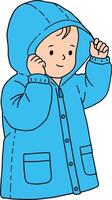 A cheerful child in a blue raincoat with a hood, smiling while adjusting the coat, flat illustration vector