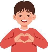 A cheerful boy making a heart shape with his hands in a minimal and colorful design style illustration vector