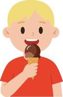 A cheerful boy enjoying a chocolate ice cream cone in a minimal flat design illustration vector