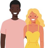 Two cheerful friends smiling together in a flat design style showcasing diversity and friendship in bright colors, illustration vector