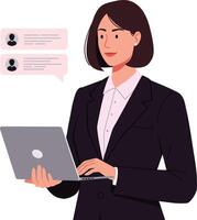 Professional businesswoman in a sleek black suit engaging with a laptop while communicating through messages in flat art vector