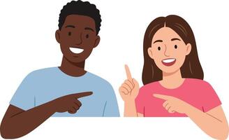 Two diverse friends joyfully pointing at each other in a cheerful setting, flat design illustration vector
