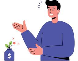 A cheerful man in a blue sweater enthusiastically gestures towards a money jar with a plant, showcasing growth and prosperity in a flat illustration vector