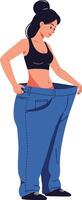 Woman proudly wearing oversized jeans in a flat, minimal design style showcasing transformation and confidence in art vector