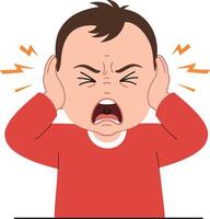 A distressed child in a red shirt covering his ears in response to loud noise, expressing frustration in flat illustration vector