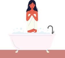 Woman standing in a white bathtub with bubbles, draped in a towel, in a minimal style illustration vector