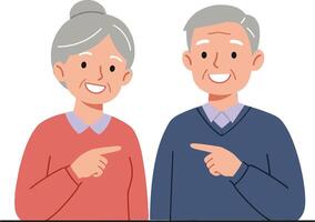 Two cheerful elderly people smiling and pointing at each other in a friendly manner, flat art vector