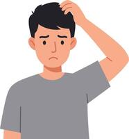 Young man with a concerned expression scratching his head in a flat illustration depicting confusion and uncertainty in a minimal design style vector