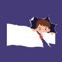 A cheerful boy playfully peeking through a torn paper wall in flat art style, showcasing excitement and curiosity in a colorful setting vector