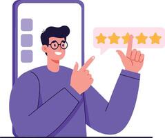 Engaging young man in casual attire enthusiastically giving five-star review in flat art style with mobile interface elements vector