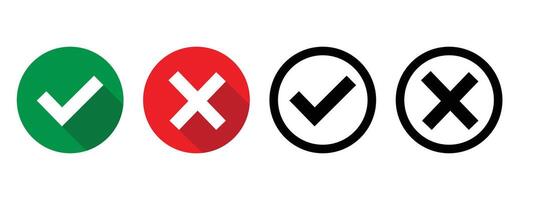 Check box list icons set, green and red isolated on white background. Check mark and cross circles icon set vector