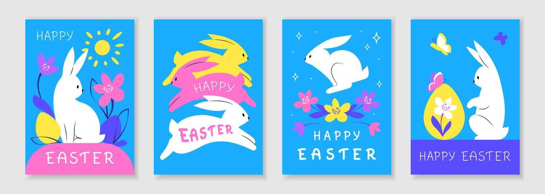 Set of Easter greeting cards with white rabbits, spring flowers and eggs on blue background.