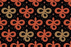 Seamless pattern with mystical red and golden snake on black background vector