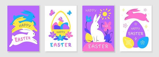 Set of vibrant Easter greeting cards with rabbit and colorful eggs on white background. vector