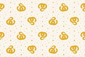 Seamless pattern with yellow snake and magical abstract Y2K figures, stars on stiped background vector