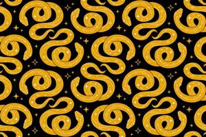 Seamless pattern with mystical yellow snake on black background vector