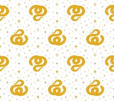 Seamless pattern with yellow snake and magical abstract Y2K figures, stars on transparent background vector
