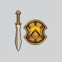 Greek Sparta Sword and Shield Weapon Icon pixelated for the pixel art game and icon for website and game. old school retro. vector