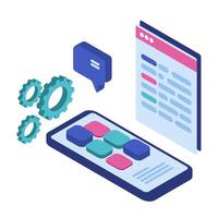 This isometric illustration appears to depict a server with code brackets, gears, a web interface, and a play button, suggesting a technical and interactive development environment vector