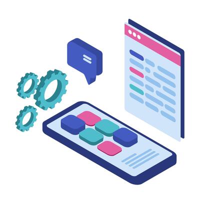 This isometric illustration appears to depict a server with code brackets, gears, a web interface, and a play button, suggesting a technical and interactive development environment