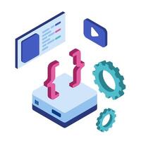 curly braces, gears, a web page, and a play button. This might indicate the creation or manipulation of web applications, possibly for use in programming guides or coding tutorials vector