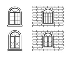 Arched Windows Collection in Line Art Style . Traditional Architecture Elements. vector