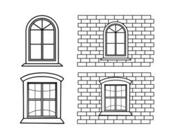 Illustration of classic arched windows with detailed brick wall backgrounds. Minimalist linear design in black on white, perfect for architectural or construction themes. vector