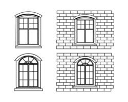 Collection of windows Illustration icons in classic architecture style. Features detailed arched designs and brick wall structure in black and white. vector