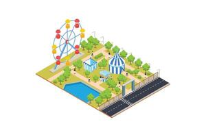 Isometric concept of amusement park with big carousel with beautiful lake vector