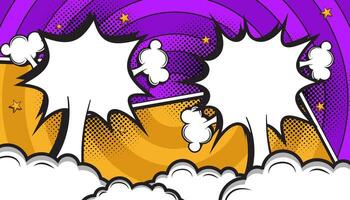 Yellow and Purple Retro Comic Book Explosion with Pop Art Style, Halftone Dots, Speech Bubbles, and Dynamic Action Bursts with Set of Vibrant Comic Page Frames and blank Conversation Panels vector