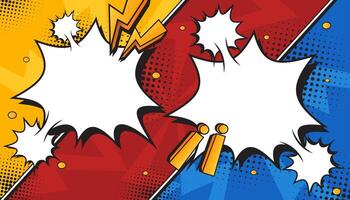 Red and Blue Comic Book Explosion with Pop Art Style, Halftone Dots, Speech Bubbles, and Dynamic Action Bursts with Set of Vibrant Comic Page Frames and blank Conversation Panels vector
