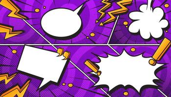 Purple Retro Comic Book Explosion with Pop Art Style, Halftone Dots, Speech Bubbles, and Dynamic Action Bursts with Set of Vibrant Comic Page Frames and blank Conversation Panels vector