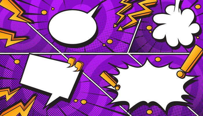 Purple Retro Comic Book Explosion with Pop Art Style, Halftone Dots, Speech Bubbles, and Dynamic Action Bursts with Set of Vibrant Comic Page Frames and blank Conversation Panels