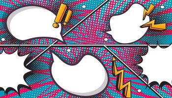 Blue and Pink Comic Book Explosion with Pop Art Style, Halftone Dots, Speech Bubbles, and Dynamic Action Bursts with Set of Vibrant Comic Page Frames and blank Conversation Panels vector