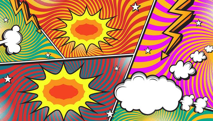 Pink and Red Comic Book Explosion with Pop Art Style, Halftone Dots, Speech Bubbles, and Dynamic Action Bursts with Set of Vibrant Comic Page Frames and blank Conversation Panels
