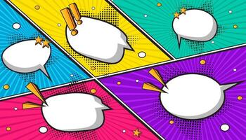 Red and Yellow Comic Book Explosion with Pop Art Style, Halftone Dots, Speech Bubbles, and Dynamic Action Bursts with Set of Vibrant Comic Page Frames and blank Conversation Panels vector