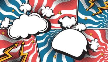 Red and Blue Retro Comic Book Explosion with Pop Art Style, Halftone Dots, Speech Bubbles, and Dynamic Action Bursts with Set of Vibrant Comic Page Frames and blank Conversation Panels vector