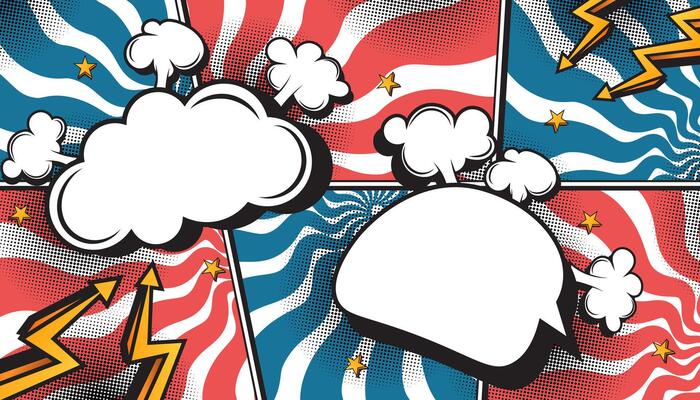 Red and Blue Retro Comic Book Explosion with Pop Art Style, Halftone Dots, Speech Bubbles, and Dynamic Action Bursts with Set of Vibrant Comic Page Frames and blank Conversation Panels