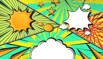 Colorful Bright Green Retro Comic Book Explosion with Pop Art Style, Halftone Dots, Speech Bubbles, and Dynamic Action Bursts with Set of Vibrant Comic Page Frames and blank Conversation Panels vector