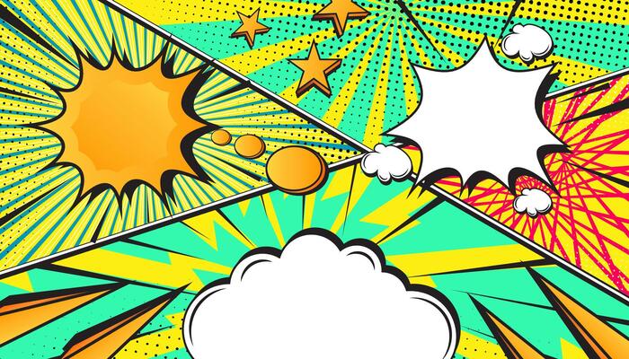 Colorful Bright Green Retro Comic Book Explosion with Pop Art Style, Halftone Dots, Speech Bubbles, and Dynamic Action Bursts with Set of Vibrant Comic Page Frames and blank Conversation Panels