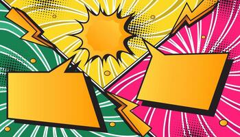 Cheerful Retro Comic Book Explosion with Pop Art Style, Halftone Dots, Speech Bubbles, and Dynamic Action Bursts with Set of Vibrant Comic Page Frames and blank Conversation Panels vector