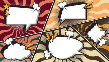 Brown Retro Comic Book Explosion with Pop Art Style, Halftone Dots, Speech Bubbles, and Dynamic Action Bursts with Set of Vibrant Comic Page Frames and blank Conversation Panels vector
