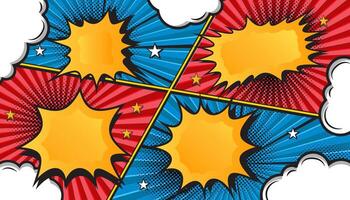 Cheerful Retro Comic Book Yellow Explosion with Pop Art Style, Halftone Dots, Speech Bubbles, and Dynamic Action Bursts with Set of Vibrant Comic Page Frames and blank Conversation Panels vector