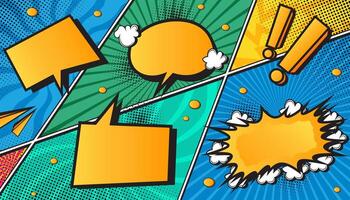 Cheerful Retro Comic Book Colorful Explosion with Pop Art Style, Halftone Dots, Speech Bubbles, and Dynamic Action Bursts with Set of Vibrant Comic Page Frames and blank Conversation Panels vector