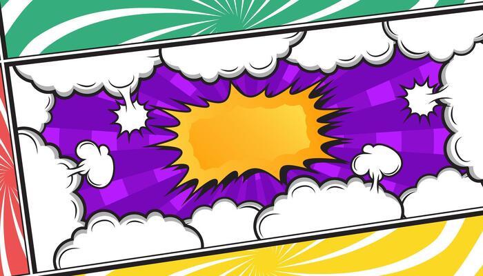 Retro Comic Book Explosion with Pop Art Style, Halftone Dots, Speech Bubbles, and Dynamic Action Bursts with Set of Vibrant Comic Page Frames and blank Conversation Panels